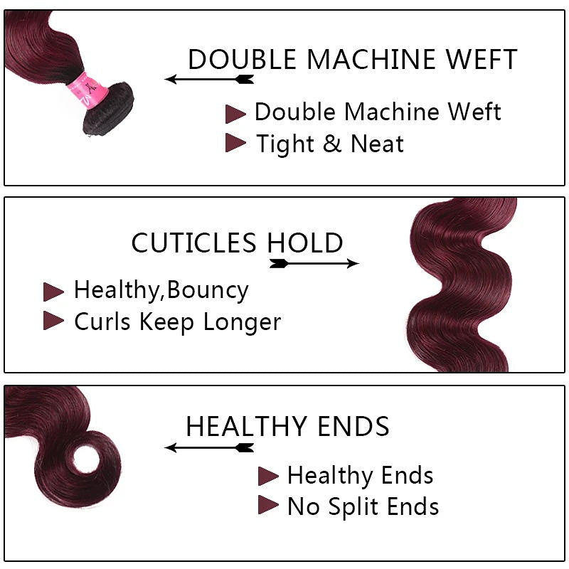 3 Bundles Human Hair Ombre Burgundy Color