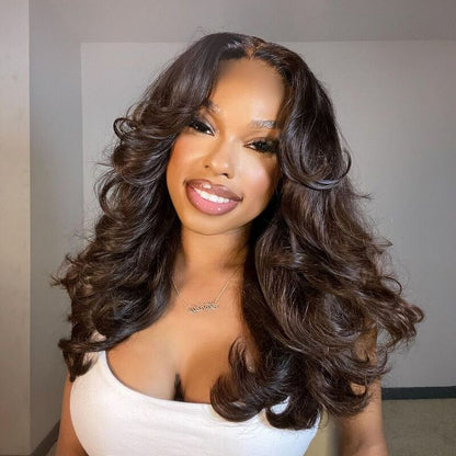 Curtain Bangs Full 250% Density Loose Body Wave Human Hair Wigs  Layered Cut