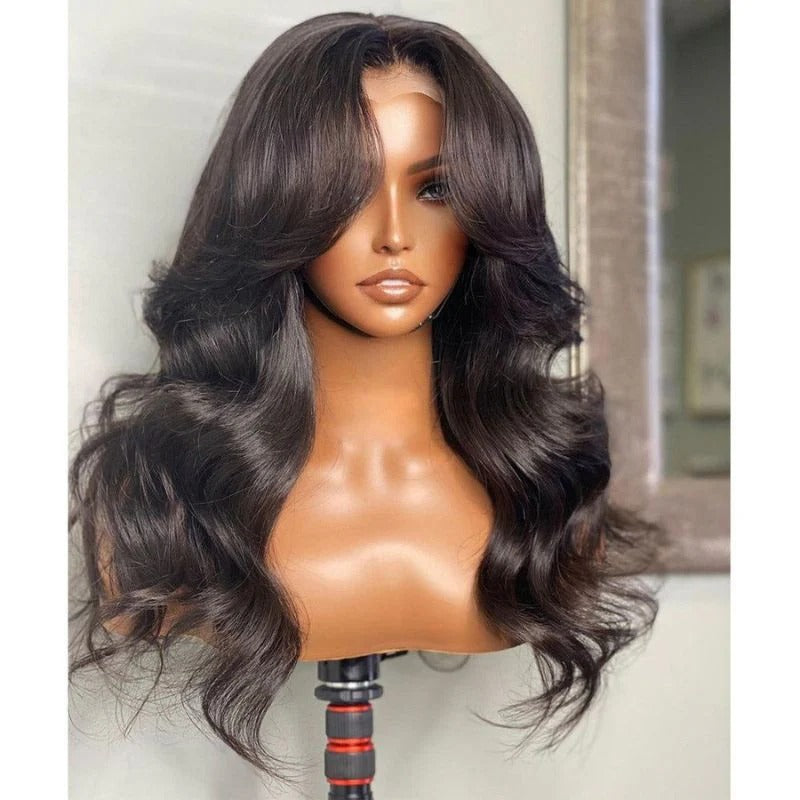 Curtain Bangs Full 220% Density Loose Body Wave Human Hair Wigs  With Layers Cut