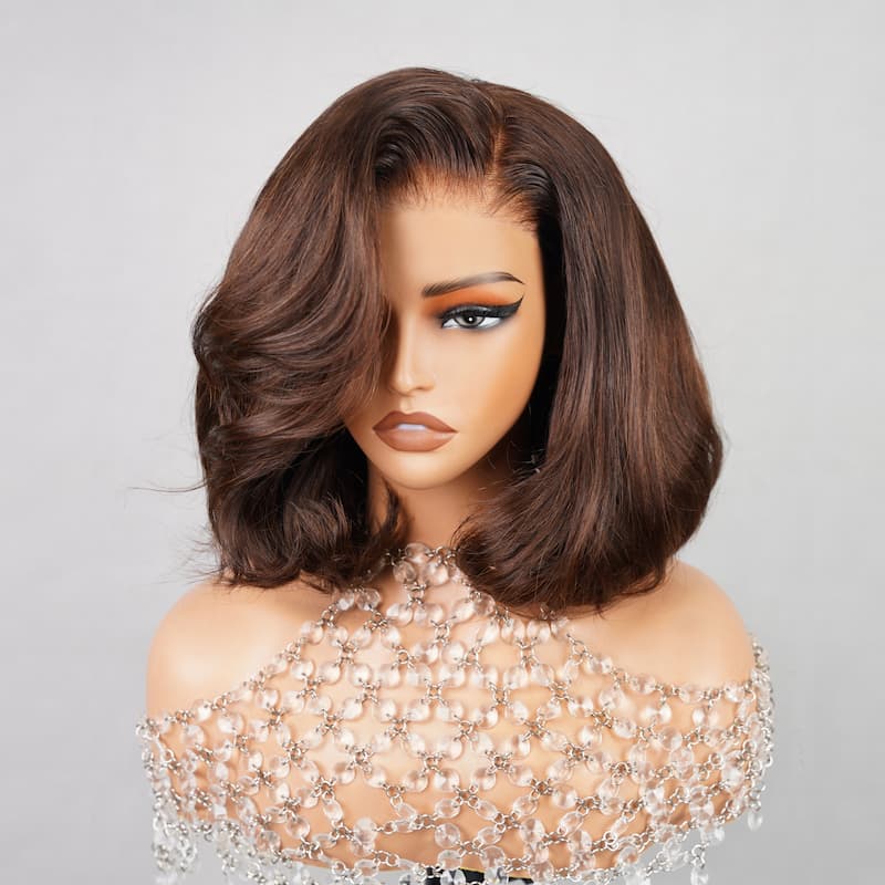 Chocolate Brown Color Layered Cut Bob Wig Human Hair 13x4 HD Lace Front Wigs Short Bob Wigs Natural Hairline