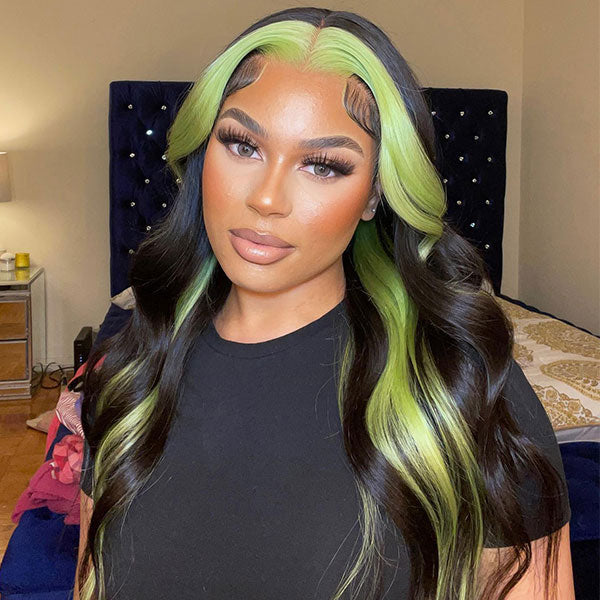 5x5 hd lace green skunk stripe closure wig