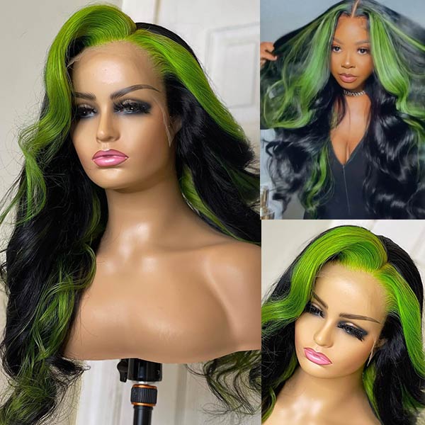 5x5 hd lace green skunk stripe closure wigs