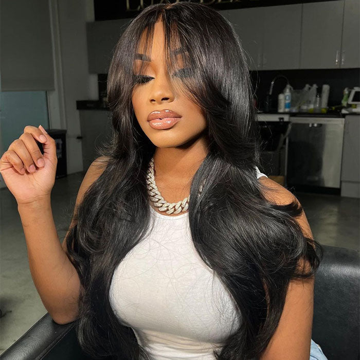 body wave wig with curtain bangs