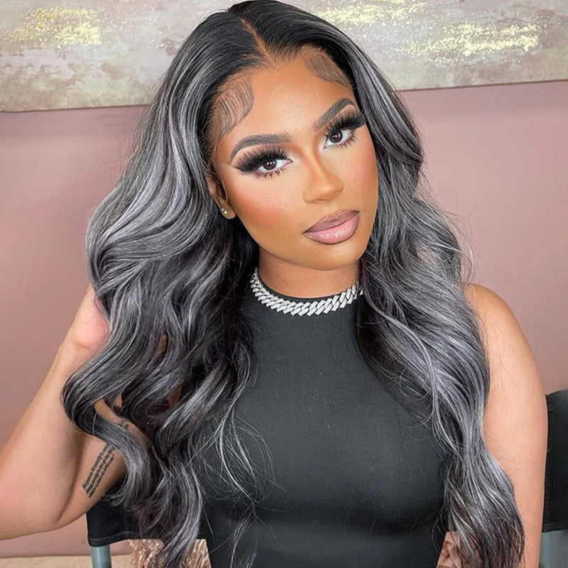 Gray Highlights On Black Hair Straight Wigs and Body Wave 13x4/13x6 Glueless HD Lace Front Wigs