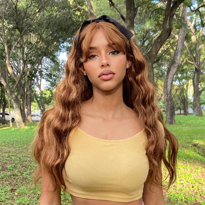 honey blonde body wave wig with bangs