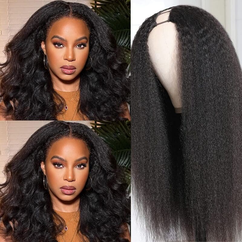 Yaki Straight Wig Put On and Go Glueless V Part Wig Kinky Straight Human Hair