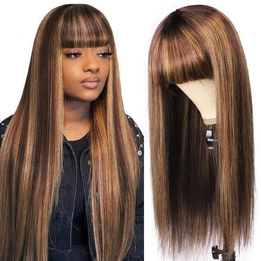 Honey Blond Highlight Straight Human Hair Wig With Bangs