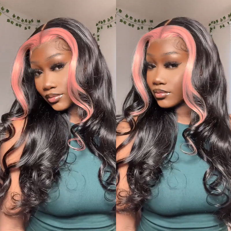 pink skunk stripe body wave wigs