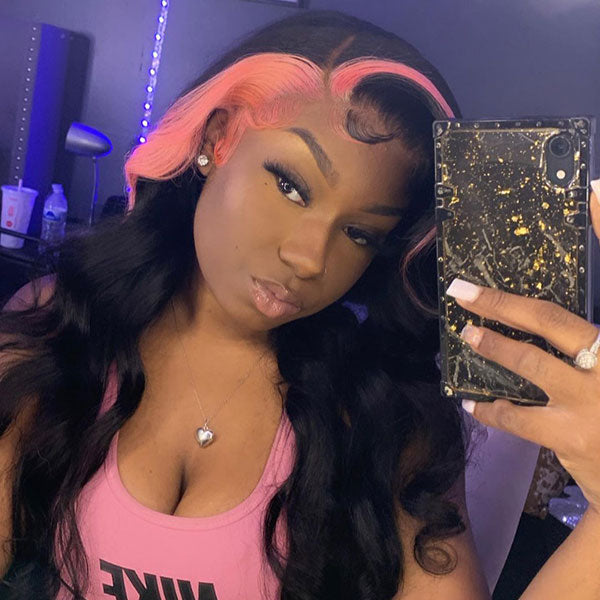 5x5 hd lace closure pink skunk stripe wigs