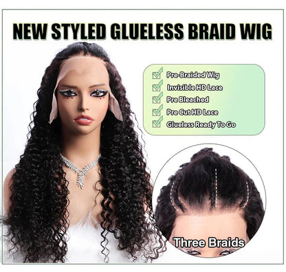 Pre Braided Wig Straight Glueless 13x6 HD Lace Front Wigs Human Hair Bleached Knots