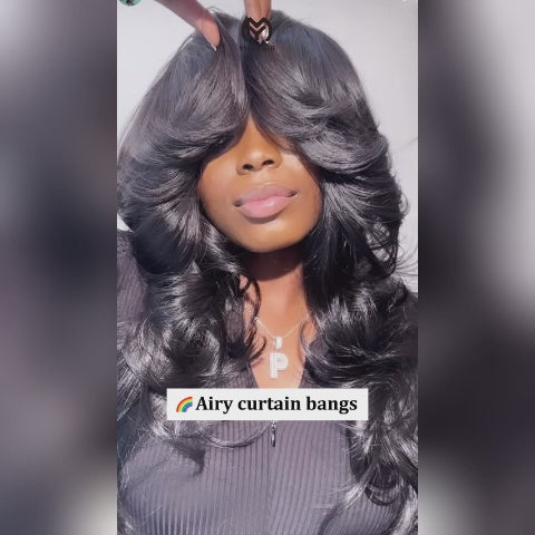 Curtain Bangs Wigs Body Wave 13x4/8x5 Glueless HD Lace Human Hair Wigs Natural Black