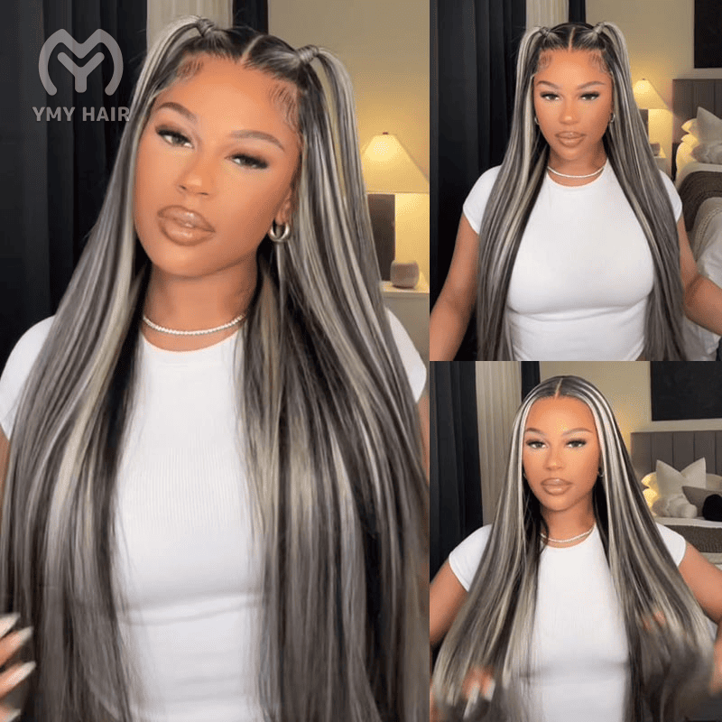 straight grey highlights glueless wig