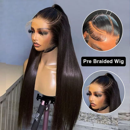 Pre Braided Wig Straight Glueless 13x6 HD Lace Front Wigs Human Hair Bleached Knots