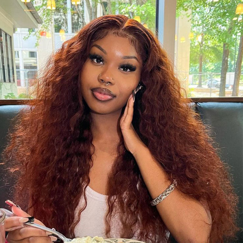 5x5 hd lace wig reddish brown water wave hair