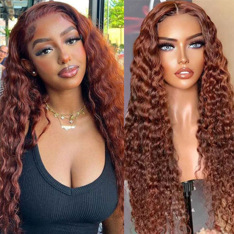 5x5 hd lace wigs reddish brown water wave hair