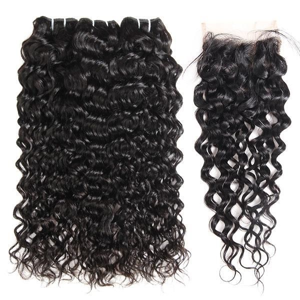 Water Wave Closure with 3 Bundles Virgin Human Hair 3 Bundles with Free Part Lace Frontal for Sale