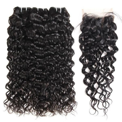 Water Wave Closure with 3 Bundles Virgin Human Hair 3 Bundles with Free Part Lace Frontal for Sale