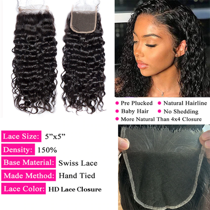 Water Wave Closure with 4 Bundles Virgin Human Hair 4 Bundles with Free Part Lace Frontal