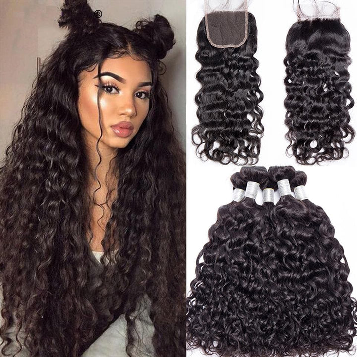 Water Wave Closure with 4 Bundles Virgin Human Hair 4 Bundles with Free Part Lace Frontal