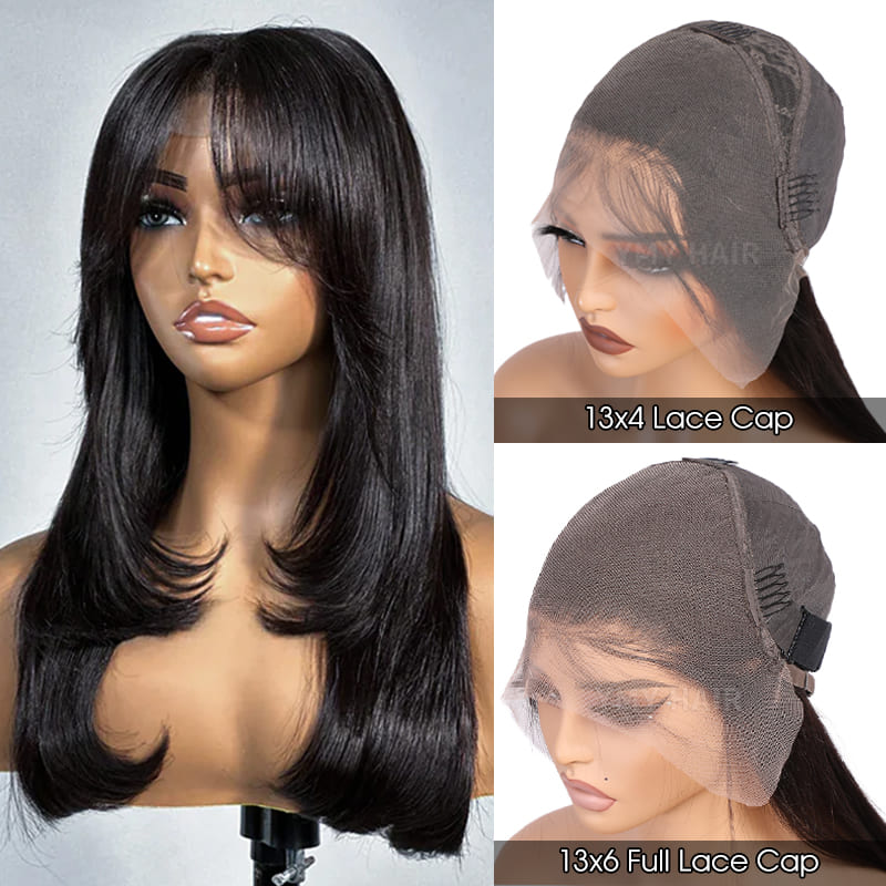 Curtain Bangs Full 250% Density Loose Body Wave Human Hair Wigs  Layered Cut