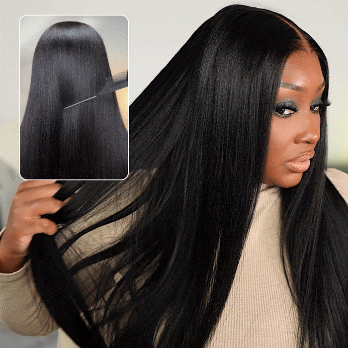 Yaki Straight Wig Put On and Go Glueless V Part Wig Kinky Straight Human Hair