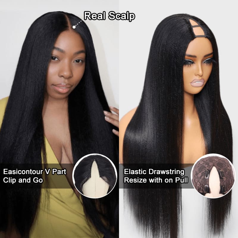 Yaki Straight Wig Put On and Go Glueless V Part Wig Kinky Straight Human Hair