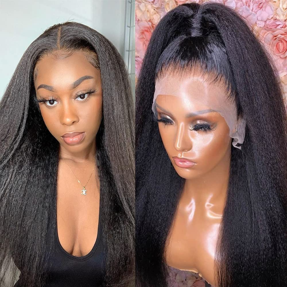 Ymy Hair -Kinky Straight And Yaki Straight 360 Lace Frontal Wigs Pre Plucked Hairline Human Hair Wigs