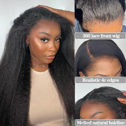 Ymy Hair -Kinky Straight And Yaki Straight 360 Lace Frontal Wigs Pre Plucked Hairline Human Hair Wigs