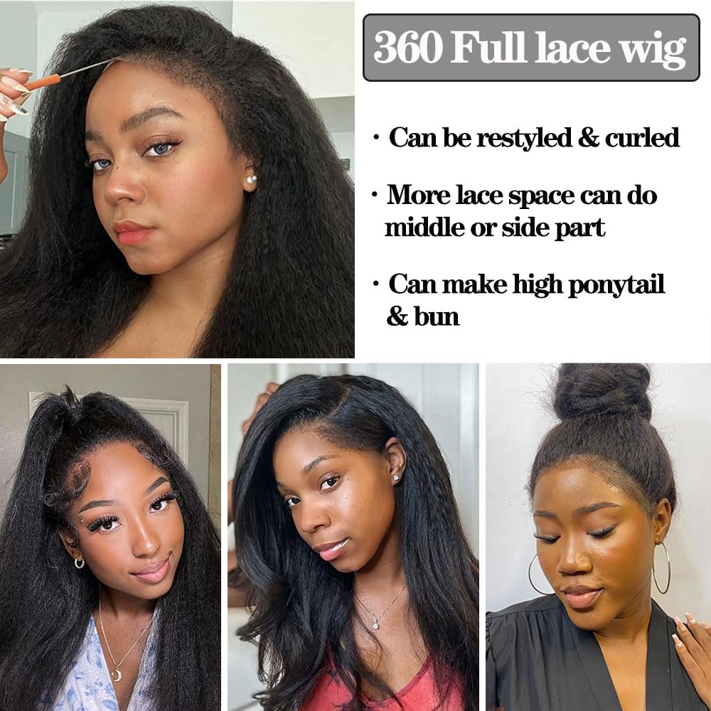 Ymy Hair -Kinky Straight And Yaki Straight 360 Lace Frontal Wigs Pre Plucked Hairline Human Hair Wigs